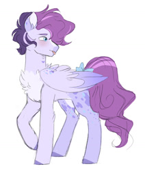 Size: 1280x1506 | Tagged: safe, artist:void-sommar, oc, oc only, pegasus, pony, bow, chest fluff, magical lesbian spawn, male, offspring, parent:starlight glimmer, parent:sugar belle, parents:sugarglimmer, simple background, solo, stallion, tail bow, tongue out, white background