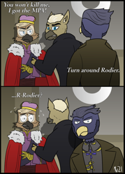 Size: 640x896 | Tagged: safe, oc, oc only, oc:leonard rodier, oc:moriset discret, oc:theodore verany, griffon, equestria at war mod, cape, clothes, coat, crown, facial hair, jewelry, military uniform, moustache, regalia, seinfeld, uniform