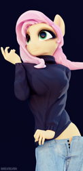 Size: 1024x2098 | Tagged: safe, artist:melvelvin, fluttershy, anthro, g4, 3d, blender, breasts, busty fluttershy, clothes, jeans, pants, solo, sweater, sweater puppies, sweatershy, turtleneck, wingless, wingless anthro