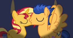 Size: 691x361 | Tagged: safe, artist:pinkgiraffe06, flash sentry, sunset shimmer, pony, unicorn, g4, cropped, female, kissing, male, ship:flashimmer, shipping, straight