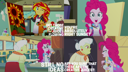 Size: 1280x720 | Tagged: safe, edit, edited screencap, editor:quoterific, screencap, granny smith, pinkie pie, sunset shimmer, equestria girls, g4, my little pony equestria girls: summertime shorts, the art of friendship, apron, clothes, cute, cutie mark, cutie mark on clothes, female, one eye closed, open mouth, painting, shimmerbetes, smiling, wink