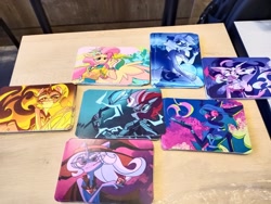 Size: 2560x1920 | Tagged: safe, artist:dodsie, daybreaker, fluttershy, princess luna, queen chrysalis, tempest shadow, trixie, twilight sparkle, alicorn, changeling, changeling queen, pegasus, unicorn, anthro, equestria girls, g4, my little pony: the movie, abstract background, alicorn amulet, armor, breasts, broken horn, cleavage, clothes, eye scar, fangs, female, glasses, gradient background, hat, hippieshy, horn, looking at you, magic, midnight sparkle, open mouth, photo, pipe, s1 luna, scar, staff, staff of sacanas, storm king's emblem, swimsuit, witch hat
