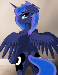 Size: 1375x1785 | Tagged: safe, artist:arjinmoon, edit, editor:celina, princess luna, alicorn, pony, g4, blushing, both cutie marks, butt, cute, feathered wings, featureless crotch, female, floppy ears, horn, looking at you, looking back, looking back at you, mare, moonbutt, plot, sfw edit, solo, wings