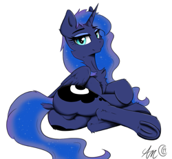 Size: 971x902 | Tagged: safe, artist:arjinmoon, edit, editor:celina, princess luna, alicorn, pony, g4, butt, chest fluff, cute, dock, ear fluff, explicit source, feathered wings, featureless crotch, female, frog (hoof), horn, leg fluff, looking at you, looking back, looking back at you, lying down, mare, missing accessory, moonbutt, on side, plot, sfw edit, simple background, smiling, solo, underhoof, white background, wings
