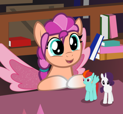 Size: 2100x1950 | Tagged: safe, artist:strategypony, rainbow dash, rarity, sunny starscout, earth pony, pony, g4, g5, book, bookshelf, cute, fake wings, female, filly, filly sunny starscout, g5 to g4, smiling, sunnybetes, table