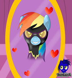 Size: 3840x4154 | Tagged: safe, alternate version, artist:damlanil, rainbow dash, pegasus, pony, g4, blushing, carousel boutique, catsuit, clothes, costume, cute, dashabetes, female, grin, happy, heart, heart eyes, latex, latex suit, looking at you, mare, mirror, open mouth, rubber, shadowbolt dash, shadowbolts, shadowbolts costume, shine, shiny, simple background, smiling, solo, suit, vector, wingding eyes, wings