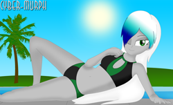 Size: 2864x1740 | Tagged: safe, artist:cyber-murph, oc, oc:audio spectra, equestria girls, g4, belly, belly button, bikini, clothes, commission, gradient mane, looking at you, midriff, one eye closed, palm tree, poolside, swimming pool, swimsuit, tree, wink