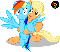 Size: 2232x1948 | Tagged: safe, artist:kyoshyu, applejack, rainbow dash, earth pony, pegasus, pony, g4, blushing, dexterous hooves, female, lesbian, nail file, ship:appledash, shipping, simple background, spread wings, transparent background, vector, wingboner, wings