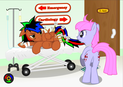 Size: 3609x2552 | Tagged: safe, artist:kyoshyu, oc, oc only, oc:bucolique, oc:patsy patches, earth pony, pegasus, pony, arrow, butt, featureless crotch, female, high res, male, mare, plot, stallion