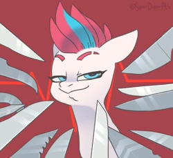 Size: 1089x997 | Tagged: safe, artist:superduperath, zipp storm, pegasus, pony, g5, female, knife, knife cat, looking at you, mare, meme, ponified animal photo, ponified meme, red background, simple background, smiling, smug, smugzipp, solo, weapon