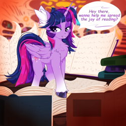 Size: 2500x2500 | Tagged: safe, artist:rurihal, twilight sparkle, alicorn, pony, g4, book, chest fluff, ear fluff, golden oaks library, high res, hoof fluff, hooves, imminent sex, lidded eyes, solo, speech bubble, talking to viewer, twilight sparkle (alicorn), wing fluff