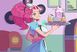 Size: 2853x1957 | Tagged: safe, artist:cerseitortoise, pinkie pie, coinky-dink world, eqg summertime shorts, equestria girls, g4, 50s, big hair, breasts, busty pinkie pie, cupcake, diner, drink, female, food, grin, human coloration, one eye closed, server pinkie pie, sideboob, smiling, solo, sundae, tray, waitress, wink