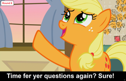 Size: 1905x1225 | Tagged: safe, edit, screencap, applejack, earth pony, pony, comic:celestia's servant interview, g4, going to seed, caption, cs captions, female, freckles, funetik aksent, hatless, interview, looking up, mare, missing accessory, open mouth, raised hoof, solo, sweet apple acres, text