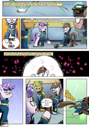 Size: 1280x1811 | Tagged: safe, artist:iiapiiiubbiu, oc, oc only, oc:littlepip, earth pony, pony, unicorn, fallout equestria, clothes, comic, fanfic, fanfic art, female, hooves, i can't believe it's not idw, jumpsuit, male, pipbuck, stable (vault), vault, vault suit