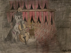 Size: 1280x960 | Tagged: safe, artist:pianoflagerag, octavia melody, earth pony, pony, g4, alone, atg 2021, bow (instrument), candlelight, cello, concert hall, darkness, musical instrument, newbie artist training grounds, solo, theater, traditional art