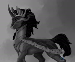 Size: 1920x1600 | Tagged: safe, artist:afialtisdragon, king sombra, pony, umbrum, unicorn, g4, crown, grayscale, jewelry, looking at you, male, monochrome, regalia, solo