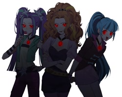 Size: 1268x1008 | Tagged: safe, alternate version, artist:xieyanbbb, adagio dazzle, aria blaze, sonata dusk, equestria girls, g4, candy, female, food, glowing eyes, human coloration, lollipop, looking at you, red eyes, smiling, sucker, the dazzlings, trio, trio female