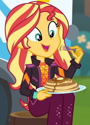 Size: 458x635 | Tagged: safe, screencap, sunset shimmer, equestria girls, g4, wake up!, spoiler:eqg series (season 2), butter, cropped, cute, eating, female, food, open mouth, pancakes, shimmerbetes, solo, syrup, wake up!: applejack