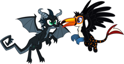 Size: 4073x2107 | Tagged: safe, artist:lightningbolt, derpibooru exclusive, oc, oc only, oc:pyrolysis, oc:tristão, bird, dragon, griffon, ocelot, toco toucan, toucan, toucan griffon, g4, .svg available, beak, chest fluff, claws, dragon wings, fangs, fins, flying, gay, happy, high res, horns, looking at each other, male, open beak, open mouth, paws, scales, shipping, show accurate, simple background, slit pupils, smiling, svg, tail, talons, tongue out, transparent background, vector, wings