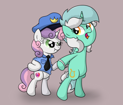 Size: 3546x3036 | Tagged: safe, artist:background basset, lyra heartstrings, sweetie belle, pony, unicorn, g4, :t, arrested, bipedal, cuffs, duo, handcuffed, high res, looking back, open mouth, police officer, police uniform, simple background