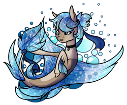 Size: 2687x2232 | Tagged: safe, artist:oneiria-fylakas, oc, oc only, seapony (g4), blue eyes, blue mane, bubble, clothes, dorsal fin, female, fin wings, fins, fish tail, flowing tail, high res, jewelry, necklace, see-through, simple background, solo, tail, transparent background, wings