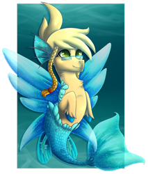 Size: 2260x2654 | Tagged: safe, artist:skywarriorstare, oc, oc only, hybrid, merpony, dorsal fin, fangs, fin wings, fins, fish tail, flowing tail, glasses, high res, ocean, smiling, solo, tail, underwater, unshorn fetlocks, water, wings, yellow eyes