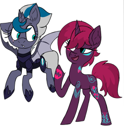 Size: 1323x1354 | Tagged: safe, artist:northernlightsone, fizzlepop berrytwist, tempest shadow, oc, oc:elizabat stormfeather, alicorn, bat pony, bat pony alicorn, pony, unicorn, g4, alicorn oc, alternate hairstyle, alternate universe, armor, bat pony oc, bat wings, broken horn, canon x oc, eye scar, fangs, female, flying, hair over one eye, hoof shoes, horn, lesbian, mare, open mouth, raised hoof, role reversal, scar, shipping, simple background, stormshadow, tattoo, tempest gets her horn back, transparent background, wings