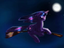 Size: 1024x768 | Tagged: safe, artist:kwendynew, twilight sparkle, pony, unicorn, g4, broom, female, flying, flying broomstick, full moon, moon, night, night sky, sky, unicorn twilight
