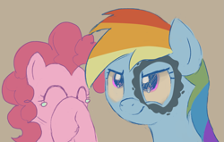 Size: 1955x1247 | Tagged: safe, artist:mandumustbasukanemen, pinkie pie, rainbow dash, pony, g4, griffon the brush off, atg 2021, crying, duo, eyes closed, hoof over mouth, ink, laughing, newbie artist training grounds, prank, smiling, smirk, tears of laughter, teary eyes