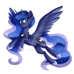 Size: 800x800 | Tagged: safe, artist:bluekazenate, princess luna, pony, g4, deviantart watermark, looking at you, obtrusive watermark, simple background, smiling, solo, spread wings, transparent background, watermark