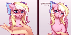 Size: 1280x640 | Tagged: safe, artist:nika-rain, oc, oc only, oc:bay breeze, human, pegasus, pony, 2 panel comic, bow, comic, commission, cute, cute little fangs, denied, fangs, female, grumpy, hair bow, hand, looking at you, mare, pegasus oc, simple background, speech bubble, talking to viewer, wings, ych result