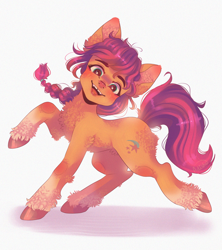 Size: 2004x2260 | Tagged: safe, artist:adishu, sunny starscout, earth pony, pony, g5, blushing, braid, chest fluff, coat markings, cute, ear fluff, female, high res, hoof fluff, looking at you, mare, open mouth, raised hoof, shadow, simple background, socks (coat markings), solo, sunnybetes, unshorn fetlocks, white background