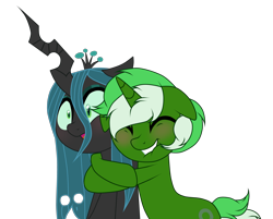Size: 4581x3687 | Tagged: safe, artist:benita, queen chrysalis, oc, oc:chain whip, changeling, changeling queen, pony, unicorn, g4, blushing, canon x oc, chaisalis, cute, cutealis, cuteling, duo, duo male and female, eyes closed, female, floppy ears, horn, hug, lip bite, male, open mouth, shipping, stallion, straight, unicorn oc