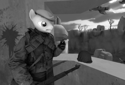 Size: 1029x700 | Tagged: safe, artist:robertwtf, bright mac, earth pony, original species, plane pony, anthro, g4, 3d, grayscale, monochrome, plane, smoking, solo, source filmmaker, war, weapon