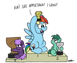 Size: 2076x1708 | Tagged: safe, artist:bobthedalek, rainbow dash, oc, pegasus, pony, g4, atg 2021, colt, dialogue, female, filly, foal, happy, implied applejack, inconvenient rainbow dash, male, mare, newbie artist training grounds, podium, trophy