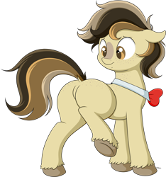 Size: 1672x1786 | Tagged: safe, artist:wownamesarehard, derpibooru exclusive, oc, oc only, oc:place holder, earth pony, pony, blank flank, body freckles, bowtie, butt, butt freckles, colored hooves, commission, cute, earth pony oc, featureless crotch, freckles, lifted leg, looking back, male, plot, simple background, solo, stallion, transparent background, unshorn fetlocks, worried