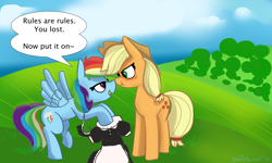 Size: 1995x1200 | Tagged: safe, artist:davierocket, applejack, rainbow dash, earth pony, pegasus, pony, g4, blushing, boop, clothes, female, lesbian, lidded eyes, lost bet, maid, maid headdress, noseboop, scrunchy face, ship:appledash, shipping, speech bubble, text, tree