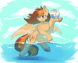 Size: 2500x2012 | Tagged: safe, artist:peachmayflower, oc, oc only, oc:aerion featherquill, pegasus, pony, beach, chest fluff, commission, ear fluff, female, high res, mare, ocean, solo, sports, underhoof, unshorn fetlocks, volleyball, water, ych result