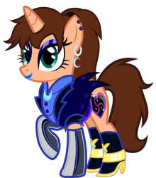 Size: 3990x4537 | Tagged: safe, artist:severity-gray, oc, oc only, oc:chloe adore, pony, unicorn, alternate hairstyle, alternate timeline, blue eyeshadow, blue lipstick, boots, clothes, cutie mark, ear piercing, eyeliner, eyeshadow, female, gloves, jacket, latex, latex gloves, lipstick, makeup, mare, nightmare takeover timeline, piercing, ponytail, shoes, simple background, solo, transparent background, uniform
