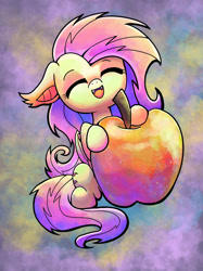Size: 1280x1707 | Tagged: safe, artist:catscratchpaper, fluttershy, bat pony, pegasus, pony, abstract background, apple, bat ponified, cute, ear fluff, eyes closed, fangs, female, floppy ears, flutterbat, folded wings, food, happy, mare, open mouth, open smile, race swap, shyabates, shyabetes, sitting, smiling, smol, solo, wings