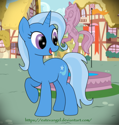 Size: 1010x1063 | Tagged: safe, artist:estevangel, trixie, pony, unicorn, g4, cute, diatrixes, looking back, ponyville, raised hoof, smiling, solo, statue