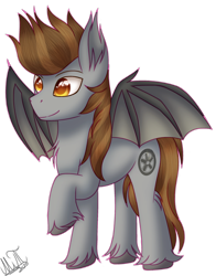 Size: 1826x2333 | Tagged: safe, artist:greenmarta, oc, oc only, oc:devin, bat pony, pony, bat pony oc, bat wings, brown mane, cutie mark, fluffy, grey fur, happy, hoof fluff, male, simple background, smiling, solo, spread wings, stallion, transparent background, unshorn fetlocks, wings