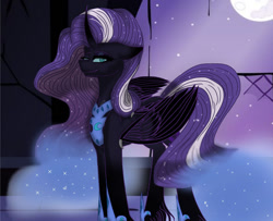 Size: 1280x1041 | Tagged: safe, artist:lilithdoesartz, nightmare moon, nightmare rarity, alicorn, pony, g4, alicornified, blue eyes, ethereal mane, eyelashes, female, flowing mane, flowing tail, folded wings, fusion, hoof shoes, horn, looking at you, moonlight, night, nightmare raricorn, race swap, solo, starry mane, stars, wings