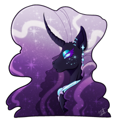 Size: 1280x1201 | Tagged: safe, artist:luminescence553, nightmare rarity, pony, unicorn, g4, blue eyes, bust, colored pupils, curved horn, ear piercing, earring, ethereal mane, female, horn, jewelry, piercing, purple mane, signature, simple background, solo, starry mane, transparent background