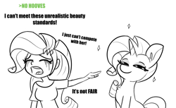 Size: 4886x3000 | Tagged: safe, artist:tjpones, rarity, human, pony, unicorn, equestria girls, g4, >no hooves, black and white, chest fluff, crying, cute, duo, equestria girls drama, eyes closed, eyeshadow, female, grayscale, high res, human ponidox, looking at you, makeup, mare, marshmelodrama, monochrome, no hooves, open mouth, pointing, raribetes, rarity being rarity, running makeup, self paradox, self ponidox, simple background, smiling, smiling at you, smug, smugity, sparkles, white background