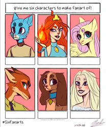 Size: 915x1080 | Tagged: safe, artist:auss1, fluttershy, cat, dog, fox, human, pegasus, anthro, g4, anthro with ponies, bloom (winx club), bust, clothes, collar, crossover, eyelashes, grin, gumball watterson, lady and the tramp, lipstick, magic winx, necktie, nick wilde, pyromancy, six fanarts, smiling, the amazing world of gumball, wings, winx club, zootopia