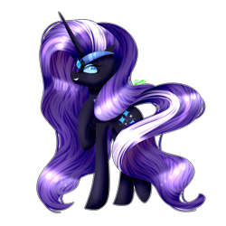 Size: 2449x2449 | Tagged: safe, artist:greenmaneheart, nightmare rarity, pony, unicorn, g4, blue eyes, colored pupils, crown, female, flowing mane, flowing tail, grin, high res, horn, jewelry, long horn, looking at you, purple mane, regalia, simple background, smiling, solo, speedpaint, transparent background