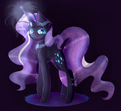 Size: 1024x938 | Tagged: safe, artist:katyshy, nightmare rarity, pony, unicorn, g4, blue eyes, crown, eyelashes, female, flowing mane, flowing tail, glowing, glowing horn, horn, jewelry, looking at you, necklace, purple mane, redraw, regalia, simple background, smiling, solo