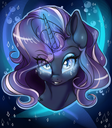 Size: 1700x1950 | Tagged: safe, artist:azamibgr-san, nightmare rarity, pony, unicorn, g4, blue background, blue eyes, bubble, bust, colored pupils, eye clipping through hair, eyelashes, female, glowing horn, horn, looking at you, purple mane, simple background, smiling, solo, sparkles, water