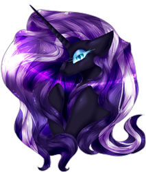 Size: 936x1098 | Tagged: safe, artist:goodxvxbez, nightmare rarity, pony, unicorn, g4, blue eyes, bust, colored pupils, eyelashes, female, flowing mane, glowing, horn, long horn, looking at you, portrait, purple mane, simple background, solo, transparent background